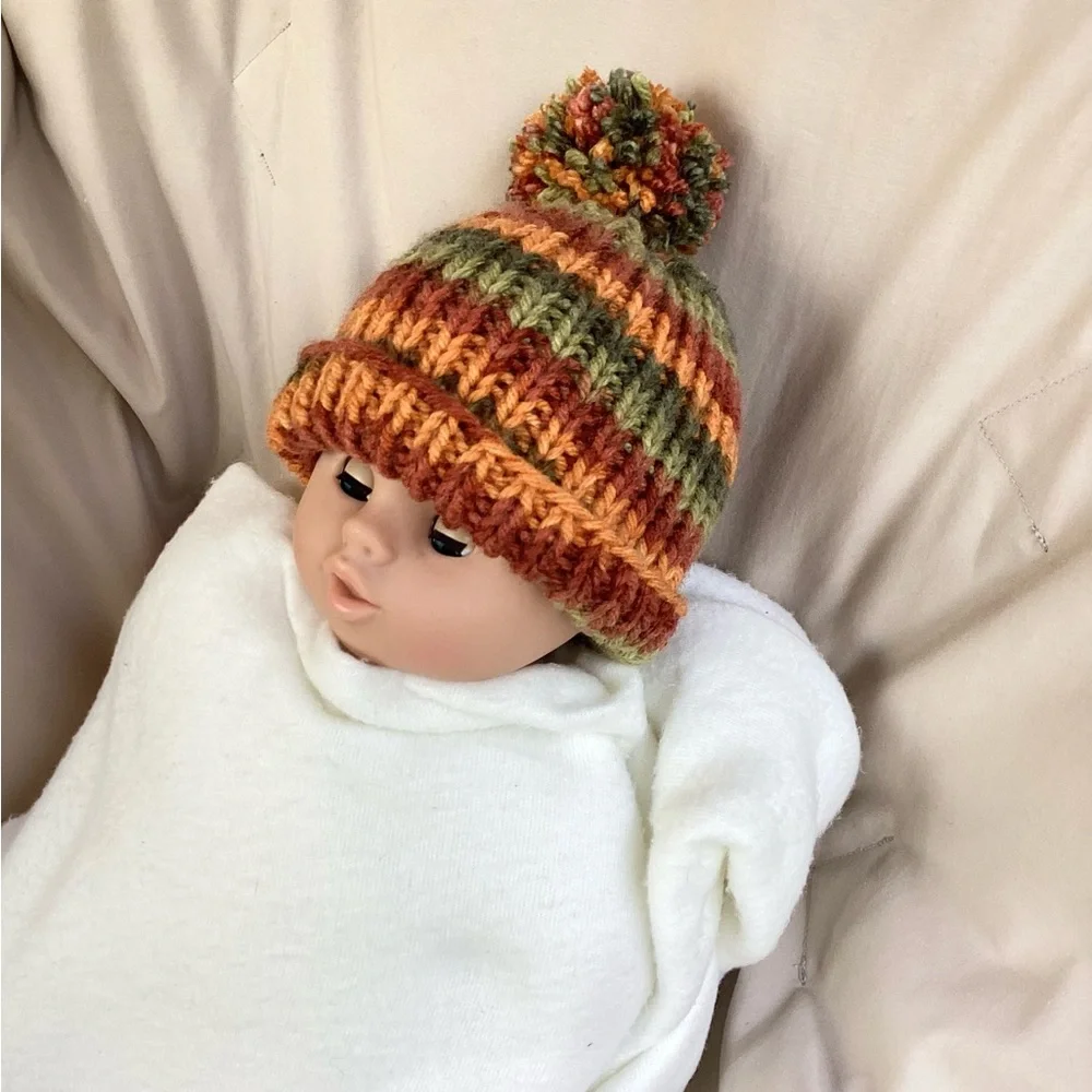 Hat Beanie Hand Crafted Baby Pom Pom Knit Green Rust Orange Knit Fall